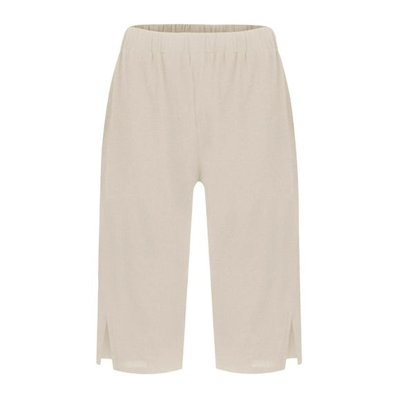 Jxximdong Shorts for Women Women's Fashionable Casual Slit With Pocket Cotton Linen Loose Shorts Beige L Pants