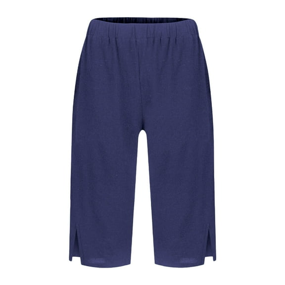 Jxximdong Shorts for Women Women's Fashionable Casual Slit With Pocket Cotton Linen Loose Shorts Blue S Pants