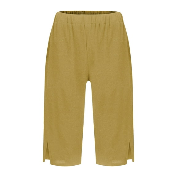 Jxximdong Shorts for Women Women's Fashionable Casual Slit With Pocket Cotton Linen Loose Shorts Gold M Pants
