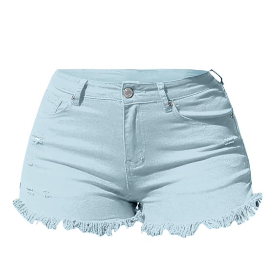 Jxximdong Shorts for Women Women's Spring/Summer Wash Vintage Worn Solid High Waist Beaded Edge Denim Shorts Blue L Pants