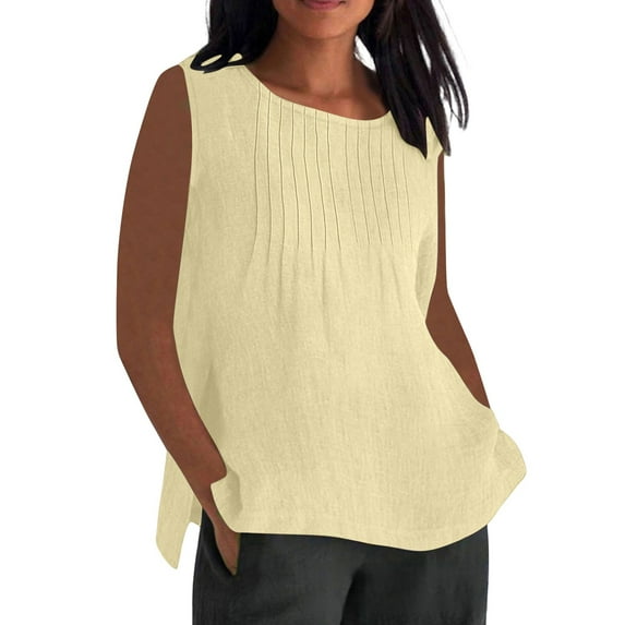 Jxximdong Tank Top for Women Linen Shirts Solid Color Sleeve Tops Summer Casual Loose Round Neck Work Blouses Ladies Basic Tunic Tops