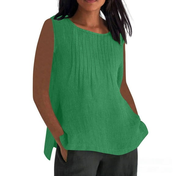 Jxximdong Tank Top for Women Linen Shirts Solid Color Sleeve Tops Summer Casual Loose Round Neck Work Blouses Ladies Basic Tunic Tops