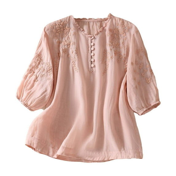 Jxximdong Tshirts for Women Cotton Linen Button Short Sleeve Shirts Loose Crew Neck Casual Boho Top Vintage Embroidered Blouse Pink Summer Tops XL