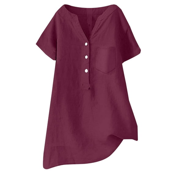 Jxximdong Tshirts for Women Linen Blouse Summer Beach Short Sleeve V Neck Button Down Top Casual Tunic Loose Shirt 2025 Red Summer Tops XXXL