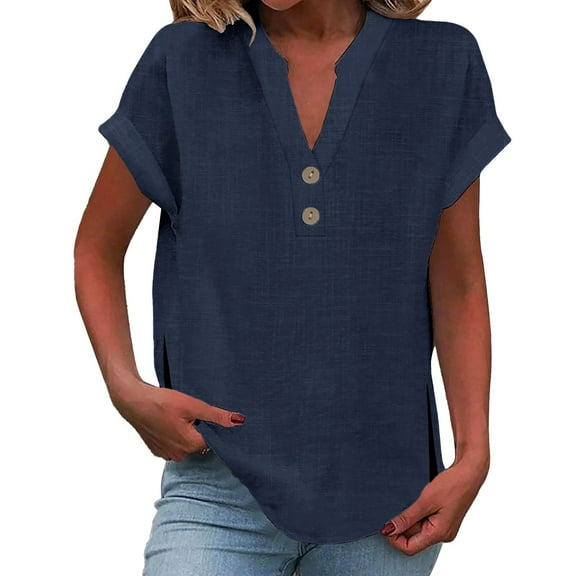 Jxximdong Tshirts for Women Women' Fashionable Casual V Neck Button Short Sleeved Slit Top T Shirt Blue Summer Tops M
