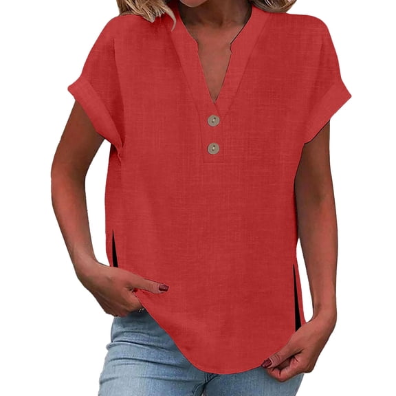 Jxximdong Tshirts for Women Women' Fashionable Casual V Neck Button Short Sleeved Slit Top T Shirt Red Summer Tops XXXXXL