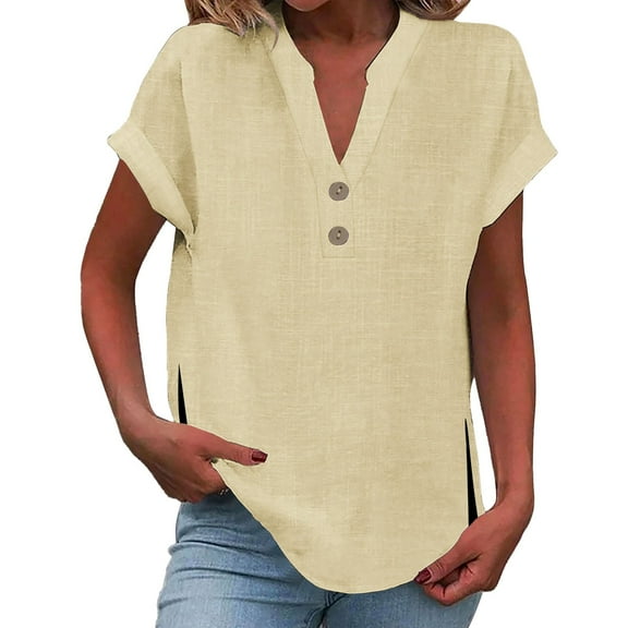 Jxximdong Tshirts for Women Women' Fashionable Casual V Neck Button Short Sleeved Slit Top T Shirt Yellow Summer Tops M