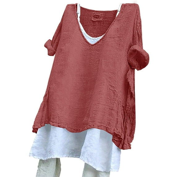 Jxximdong Tshirts for Women Women'S Solid Color Loose Plus Size Short Sleeve Texture Dress Shirt Red Summer Tops L