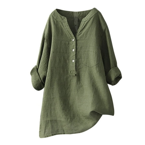Jxximdong Tshirts for Women Women'S Solid Color Stand Up Collar Cotton Long Sleeved Shirt Blouse Green Summer Tops S