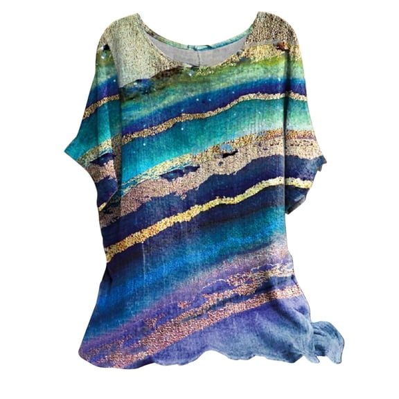 Jxximdong Tshirts for Women Women's Casual Loose Geometric Print Round Neck Top Blue Summer Tops S