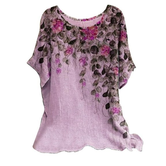 Jxximdong Tshirts for Women Women's Casual Loose Leaf Butterfly Print Round Neck Top Pink Summer Tops M