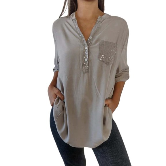 Jxximdong Tshirts for Women Women's Casual V Neck Collared Button Up Blouse Top Solid Summer Shirt Gray Summer Tops XXL