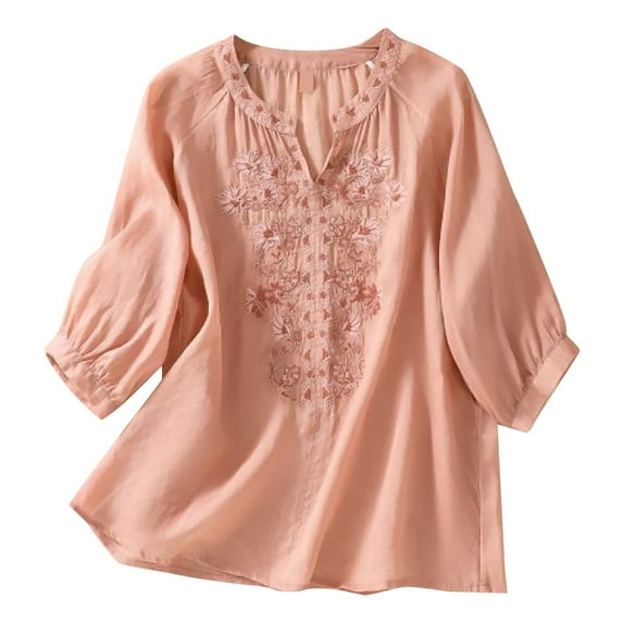 Jxximdong Tshirts for Women Women's Embroidered Shirt Summer V Neck Slim And Simple Solid Color 45720 Sleeve Top Orange Summer Tops XXL