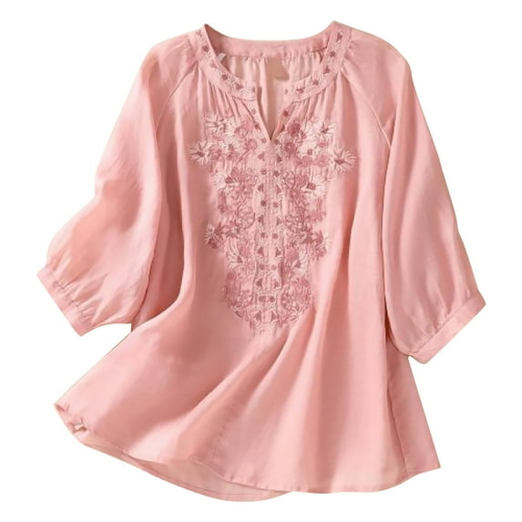 Jxximdong Tshirts for Women Women's Embroidered Shirt Summer V Neck Slim And Simple Solid Color 45720 Sleeve Top Red Summer Tops XXL