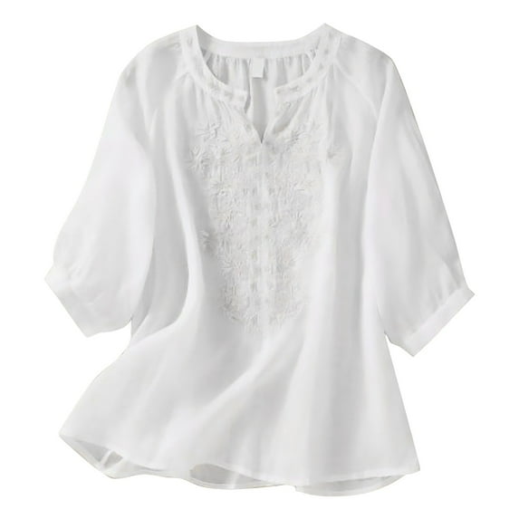 Jxximdong Tshirts for Women Women's Embroidered Shirt Summer V Neck Slim And Simple Solid Color 45720 Sleeve Top White Summer Tops XXL