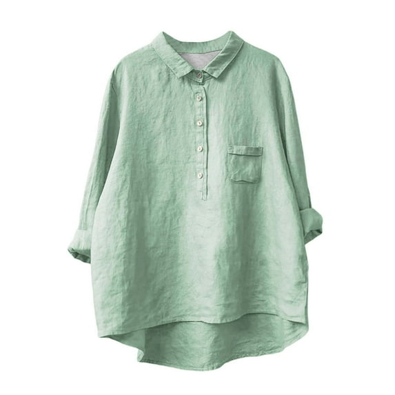Jxximdong Tshirts for Women Women's Lapel Neck Casual Solid Colour Cotton And Linen Long Sleeve Shirt Green Summer Tops XXL