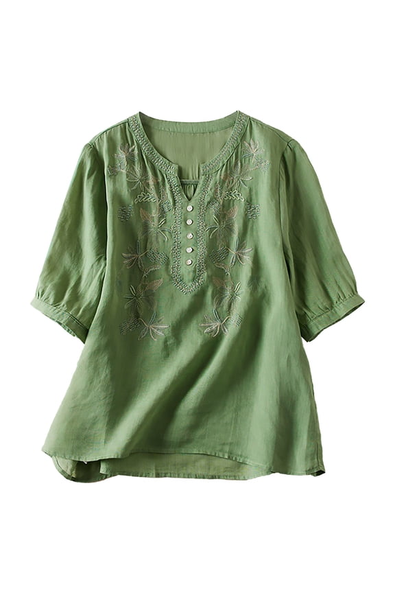 Tshirts for Women Women's Loose Temperament Short Sleeved Embroidery Literary Retro Cotton Shirt Green Summer Tops M