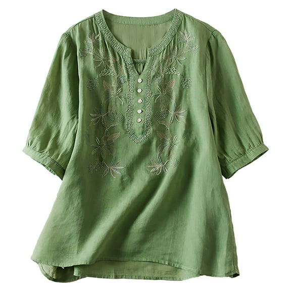 Jxximdong Tshirts for Women Women's Loose Temperament Short Sleeved Embroidery Literary Retro Cotton Shirt Green Summer Tops XL