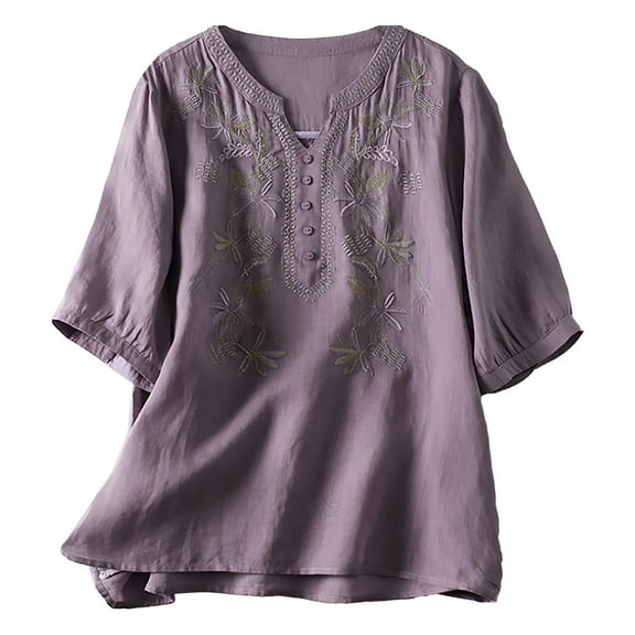 Jxximdong Tshirts for Women Women's Loose Temperament Short Sleeved Embroidery Literary Retro Cotton Shirt Purple Summer Tops XL