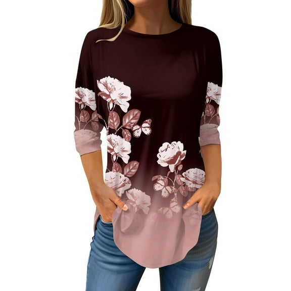 Jxximdong Tshirts for Women Women's Printed Fashionable Casual Round Neck And Three Quarter Sleeve Top Red Summer Tops XL