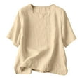 thumbnail image 1 of Jxximdong Women Blouses, Cotton Linen Short Sleeve Tshirt and Elastic Waist Shorts Set Breathable Summer Casual 2Pcs Outfit, Beige Daily Dresses for Women, 1 of 9