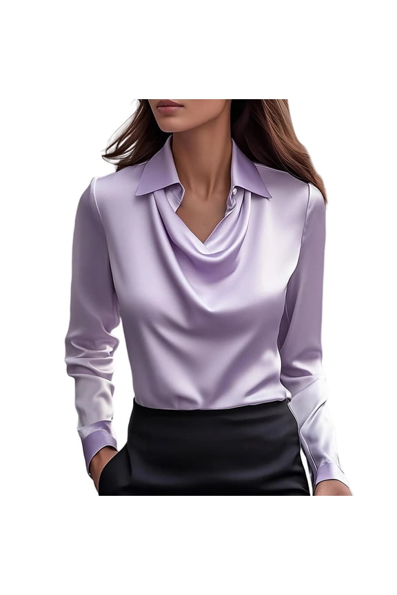 Women Blouses, Women's Elegant Cowl Neck Satin Blouse Long Sleeve Work Shirt Top, Purple Daily Dresses for Women