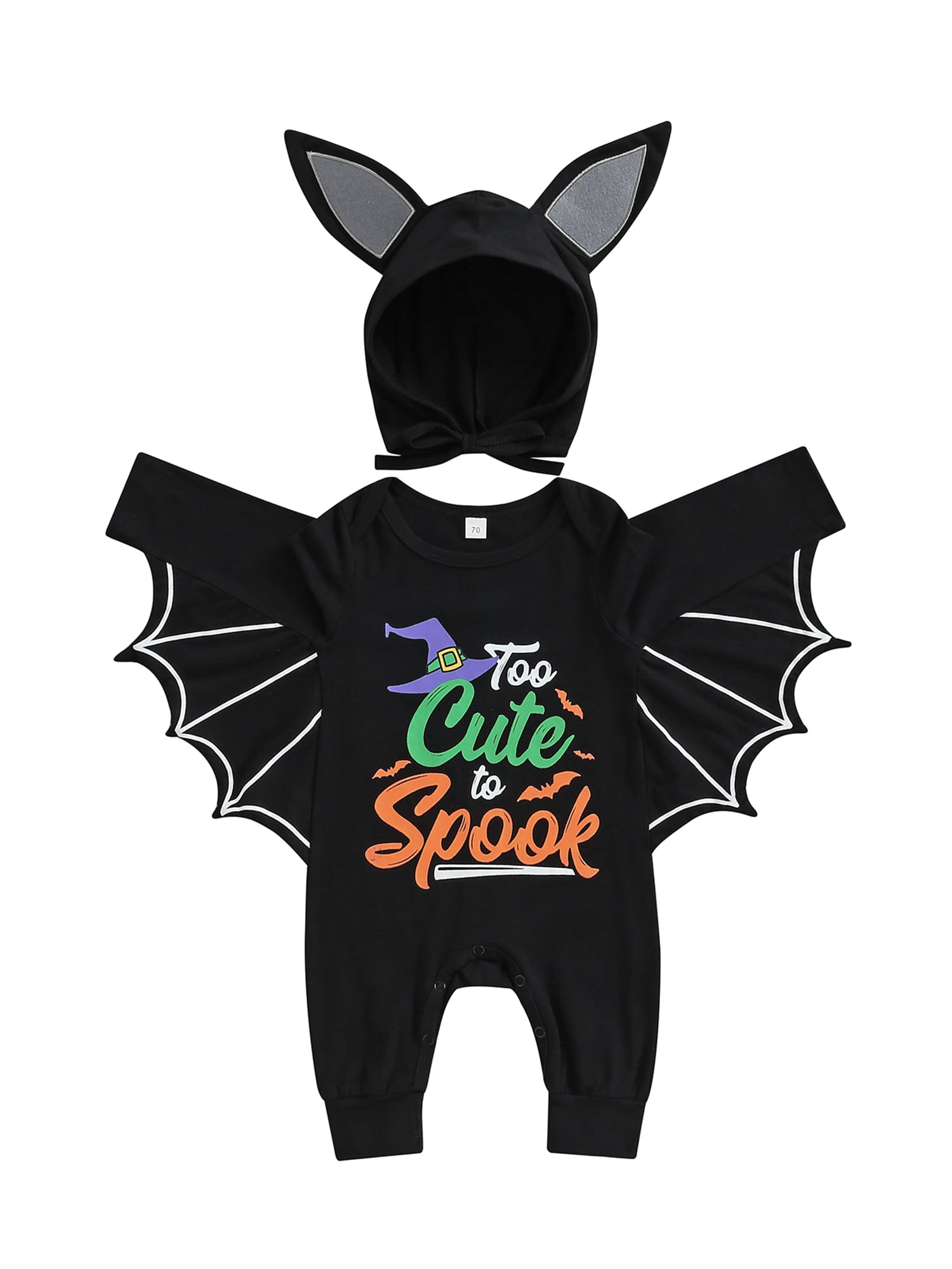 2pcs Letter Pumpkin Print Halloween Bat Design Long-sleeve Black Baby Set