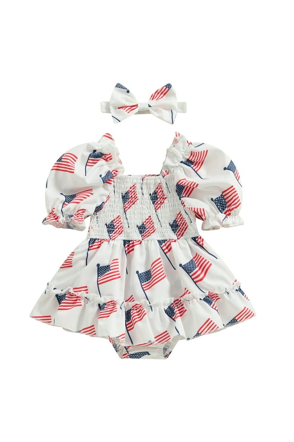 4th of July Baby Girl Outfit 3 6 12 18 24 Months American Flag Ruffle Puff Short Sleeve Patriotic Romper Dress Summer Clothes
