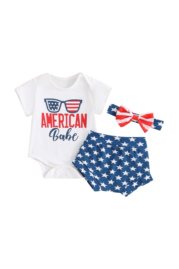 4th of July Baby Girl Outfit Newborn 3 6 9 12 18 Months Short Sleeve Sunglasses Print Romper Stars Shorts Headband Set