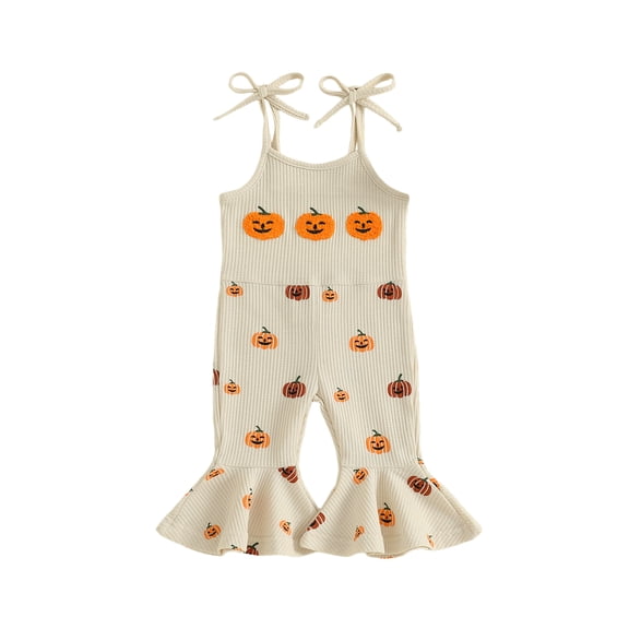 Jxzom Baby Girl Halloween Outfit Pumpkin Ribbed Toddler Romper Overalls Jumpsuit Spaghetti Strap Pumpkin Bell Bottoms Outfits