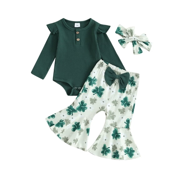 Jxzom Baby Girl St Patricks Day Outfit 3 6 12 18 Months Long Sleeve Rib Knit Ruffle Romper Shamrock Flare Pants Headband Spring Clothes