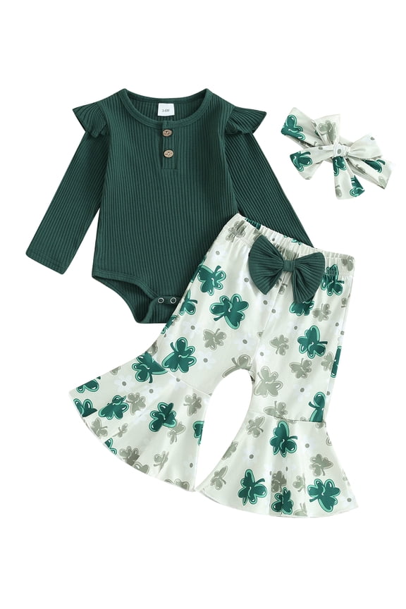 Baby Girl St Patricks Day Outfit 3 6 12 18 Months Long Sleeve Rib Knit Ruffle Romper Shamrock Flare Pants Headband Spring Clothes
