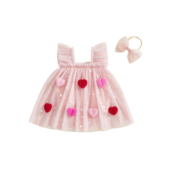 Jxzom Baby Girl Valentines Day Outfit Flying Sleeve Heart Decor Layered Tulle Romper Dress with Headband 1 3 6 9 12 18 Months Cute Valentines Clothes