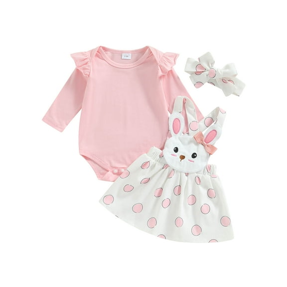 Jxzom Easter Newborn Baby Girl Bunny Outfit Long Sleeve Romper Rabbit Suspender Skirt Overall Dress Headband My 1st Easter Outfit