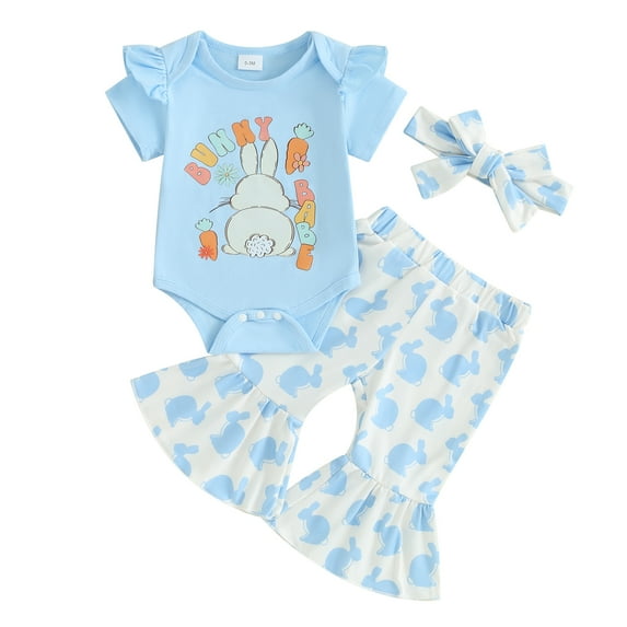Jxzom Easter Outfit Baby Girl Short Sleeve 0 3 6 12 18 Months Bunny Carrot Romper Flared Pants Bell Bottoms 3Pcs Summer Clothes