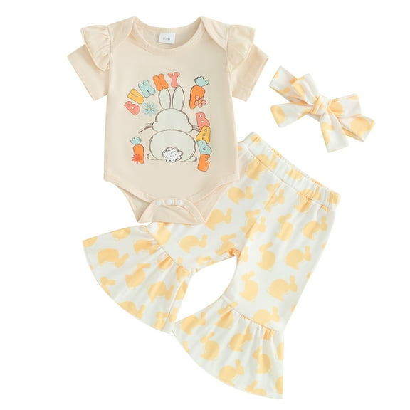 Jxzom Easter Outfit Baby Girl Short Sleeve 0 3 6 12 18 Months Bunny Carrot Romper Flared Pants Bell Bottoms 3Pcs Summer Clothes