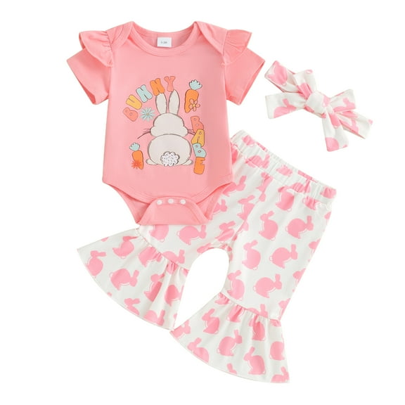 Jxzom Easter Outfit Baby Girl Short Sleeve 0 3 6 12 18 Months Bunny Carrot Romper Flared Pants Bell Bottoms 3Pcs Summer Clothes
