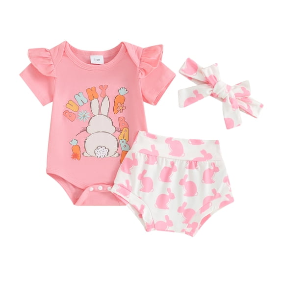 Jxzom Easter Outfit Baby Girl Short Sleeve 0 3 6 12 18 Months Bunny Carrot Romper Rabbit PP Shorts 3Pcs Summer Clothes Set