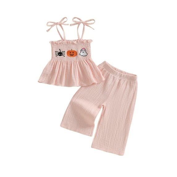 Jxzom Halloween Toddler Girl Outfits Pumpkin Smocked Spaghetti Strap Tank Top Dress Gingham Plaid Pants Halloween Clothes