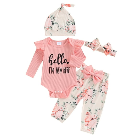 Jxzom Hello I'm New Here Baby Clothes Set Newborn Ruffle Ribbed Romper Top Floral Shorts Set Little Coming Home Spring Outfit