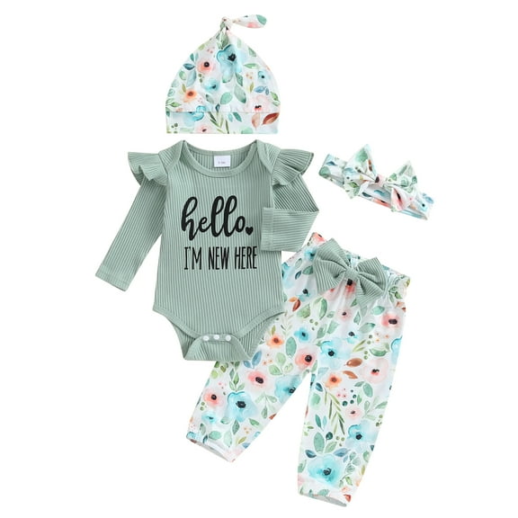 Jxzom Hello I'm New Here Baby Clothes Set Newborn Ruffle Ribbed Romper Top Floral Shorts Set Little Coming Home Spring Outfit