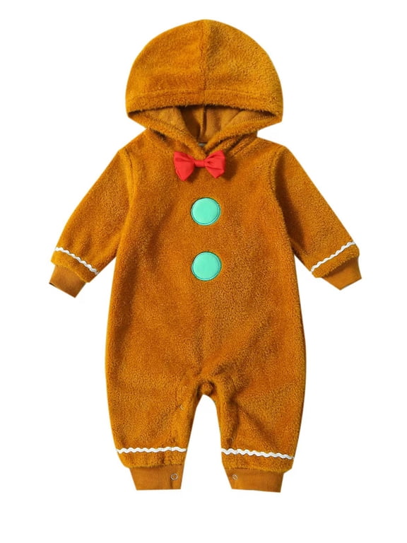 Infant Baby Boy Girl Christmas Gingerbread Man Outfit Long Sleeve Fuzzy Jumpsuit Hooded Romper Fall Clothes