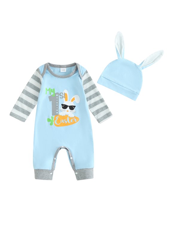 Infant Baby Boy Girl My First Easter Outfits Long Sleeve Rabbit Carrot Print Jumpsuit Romper with Bunny Hat