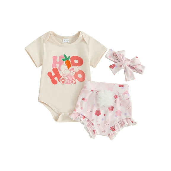 Jxzom Infant Baby Boys Girls Easter Outfits 0 6 12 18 24 Months Bunny Egg Romper Floral Shorts Headband Easter Clothes Set