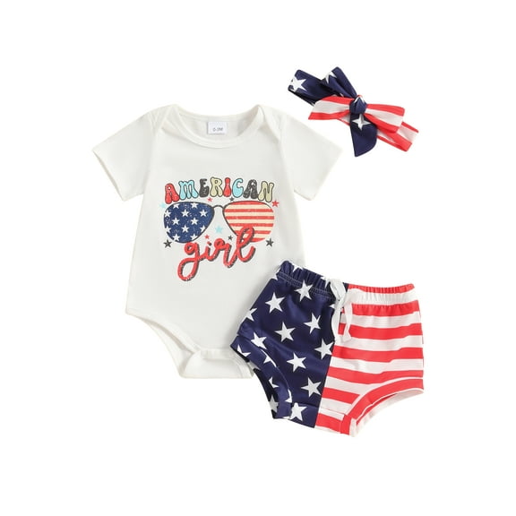 Jxzom Infant Baby Girl 4th of July Outfit Newborn Romper Shorts Headband Set 3 6 9 12 18 Months Summer Bodysuit American Flag Clothes