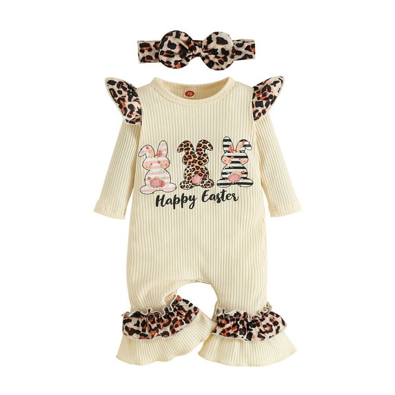 Jxzom Infant Baby Girl Easter Day Clothes Romper My 1st Easter Rabbit Printed Long Sleeve Jumpsuit With Bow Headband 0-18M