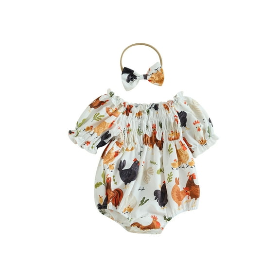 Jxzom Infant Baby Girl Farm Chicken Outfit 3 6 12 18 Months Rooster Hen Print Short Sleeve Bubble Romper Bodysuit with Headband
