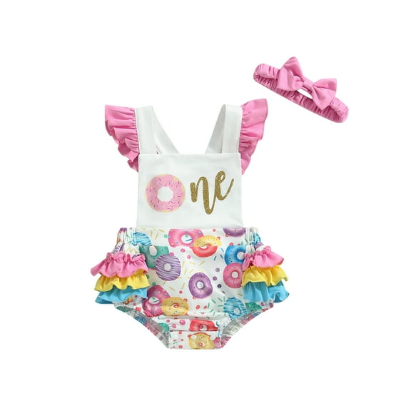 Jxzom Infant Baby Girl First Birthday Outfit 6 12 18 Months Ruffle Donut Print Backless Romper Bodysuit Cake Smash Clothes with Hairband