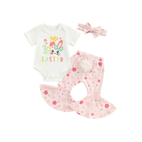 Jxzom Infant Baby Girl My First Easter Outfit 3 6 12 18 Months Short Sleeve Letter Print Romper Flare Pants Headband 3Pcs Clothes Set