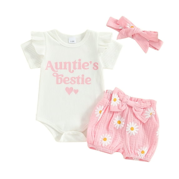 Jxzom Infant Baby Girl Summer Clothes 3 6 9 12 18 Monthes Short Sleeve Letter Print Romper+Daisy Shorts+Hairband 3Pcs Aunties Outfit